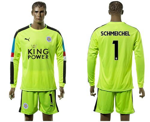 Leicester City #1 Schmeichel Shiny Green Goalkeeper Long Sleeves Soccer Club Jersey - Click Image to Close